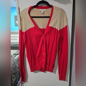 Forever 21 Red/Orange and Cream V-Neck Cardigan